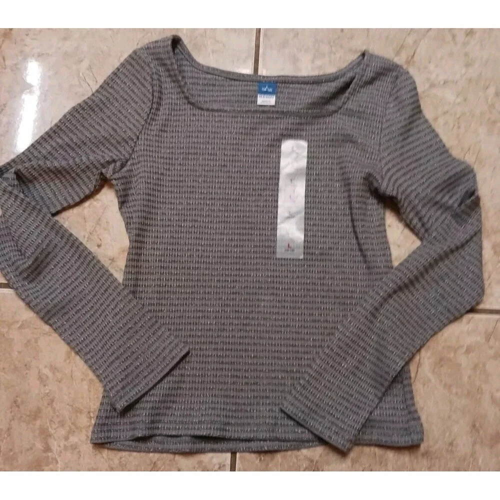 NWT Girls Old Navy Long Sleeve Pointelle Knit Top Size M (8) Gray Stripe  K4